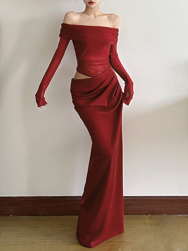 1980er Solide Schulterfrei Netz Cut-Out Durchsichtig Kleid