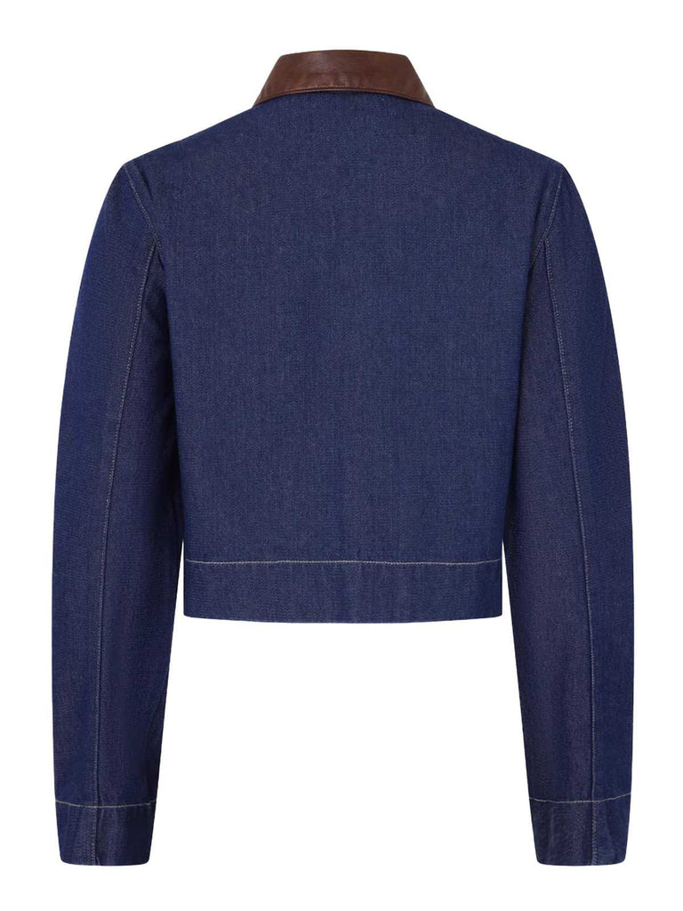 Blau 1950er Leder Rever Tasche Denim Jacke