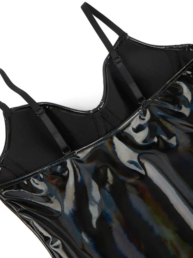 Schwarz 1980er Spaghetti Träger Leder Bodysuit