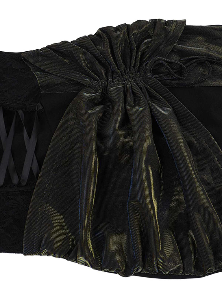 Schwarz 1980er Gothic Spaghetti-Träger Spitze Maxi Kleid