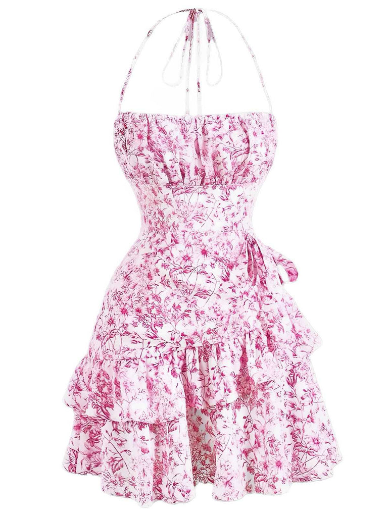 1970er Halter Stufen Rüschen Blumen Kleid