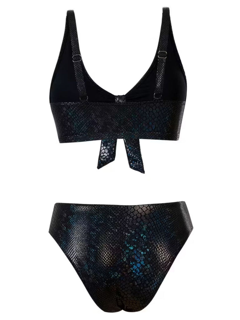 1970er Schlangenhaut Metallisch Front-Bindung Bikini Set