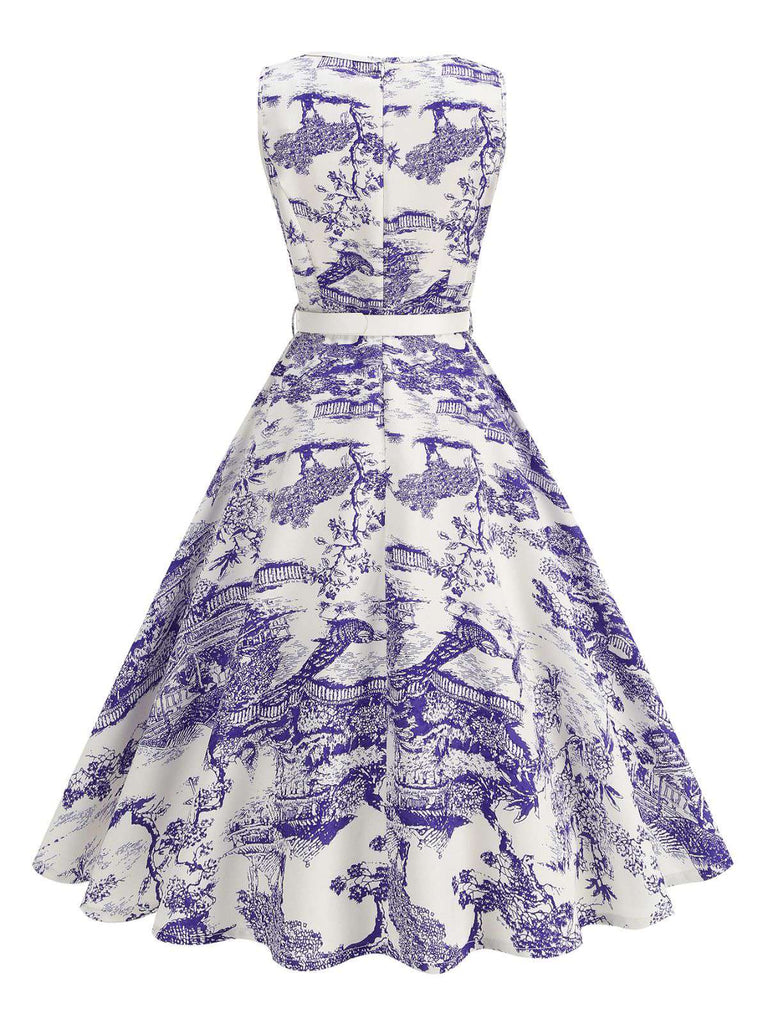 1950er Porzellan Landschaft Ärmellos Gürtel Kleid