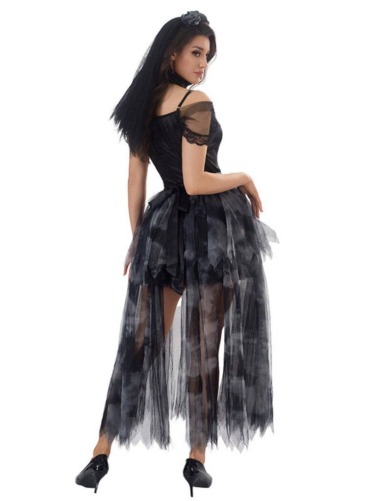 Schwarz 1970er Halloween Geisterbraut Tüll Kleid Set