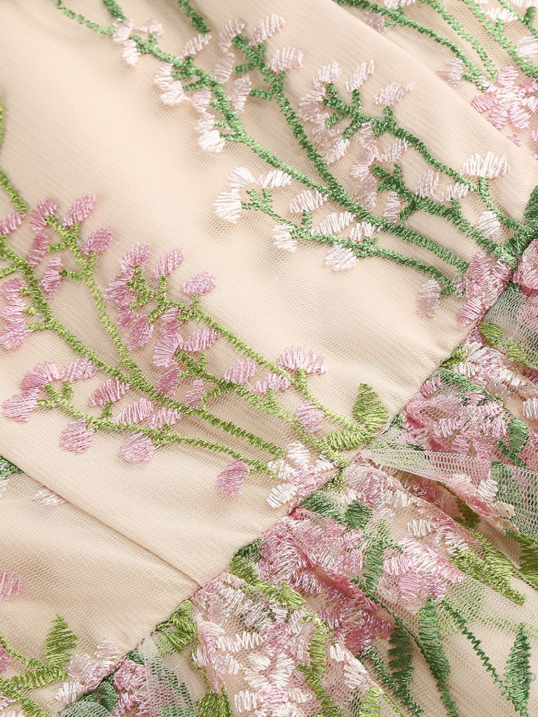 1950er Bestickt Netz Schnürung Herzförmiger Hals Kleid