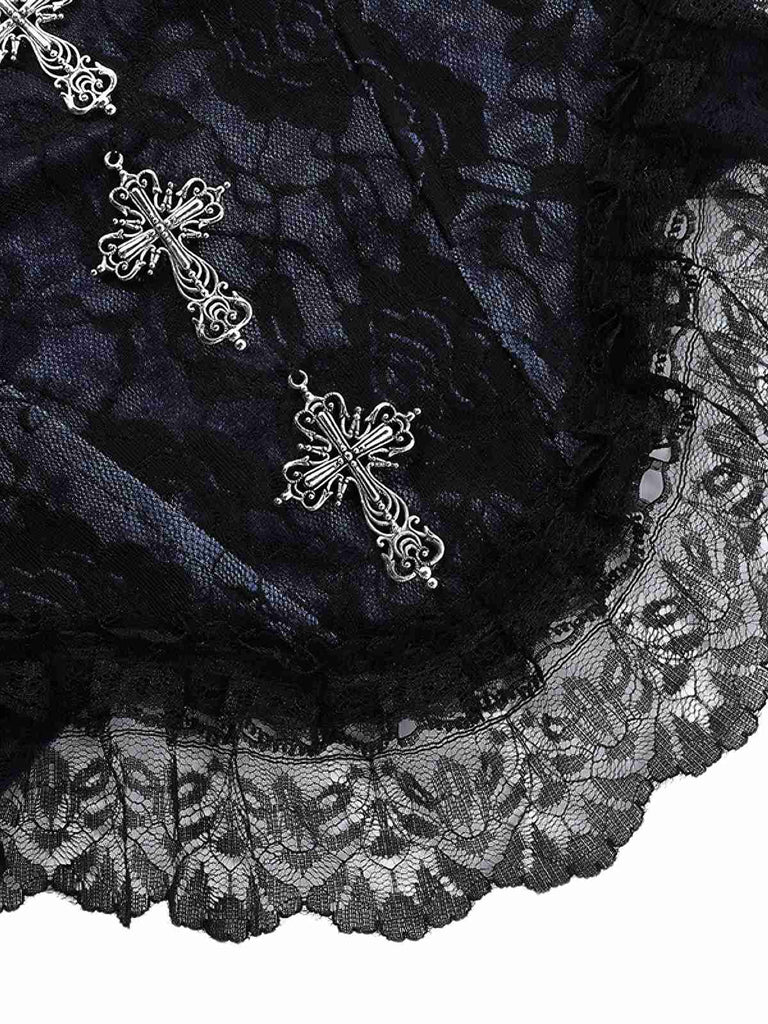 Lila 1980er Gothic Das Kreuz Samt Spitze Leibchen