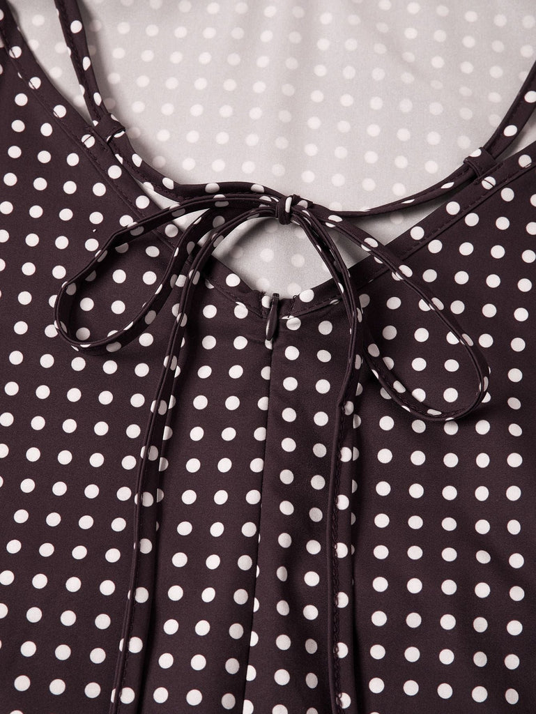 Braun 1980er V-Ausschnitt Polka Punkte Binde Spaghetti Träger Kleid
