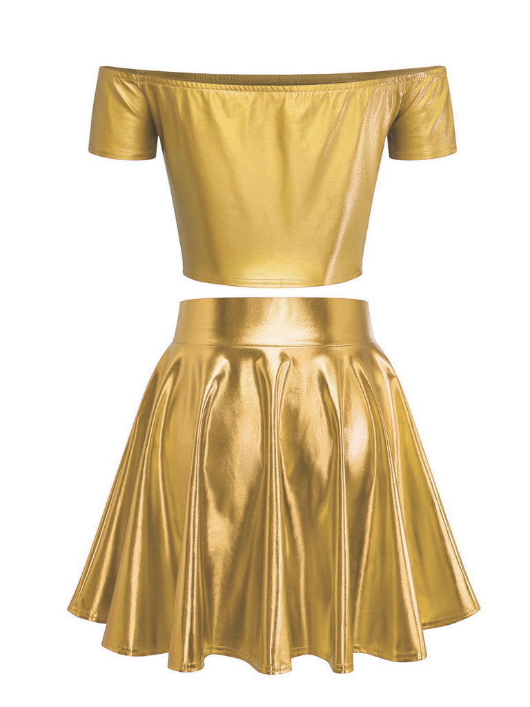2PCS Metallisch 1970 Disco Schulterfrei Top & Plissiertes Rock