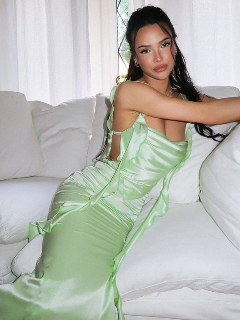 1970er Solide Satin Rüschen Rückenfrei Gerüschtes Kleid