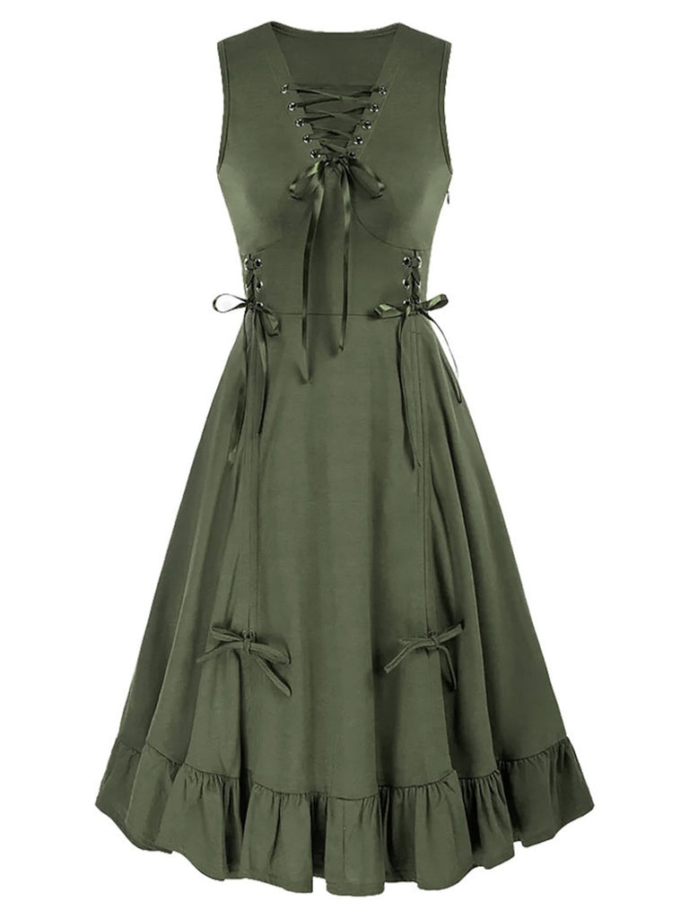 1940er Solide Ärmellos Kordelzug Schnürung Kleid