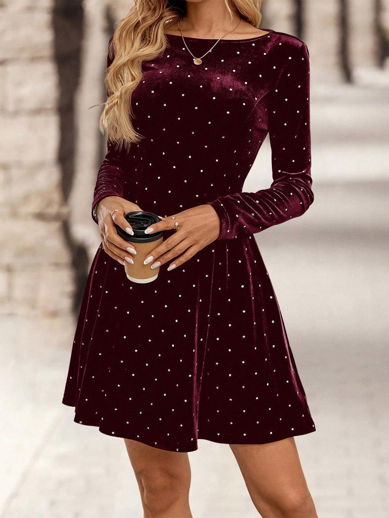 1980er Samt Strassstein Tailliert Party Kleid