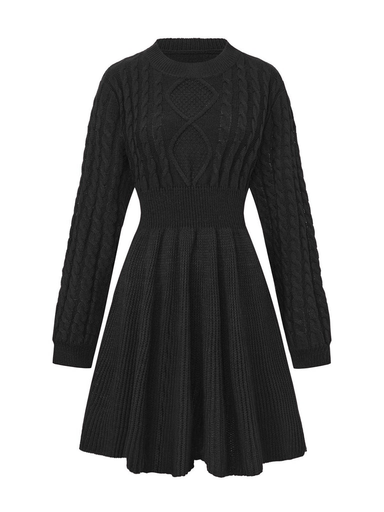 1940er Solide Stricken Laternenärmel Pullover Kleid