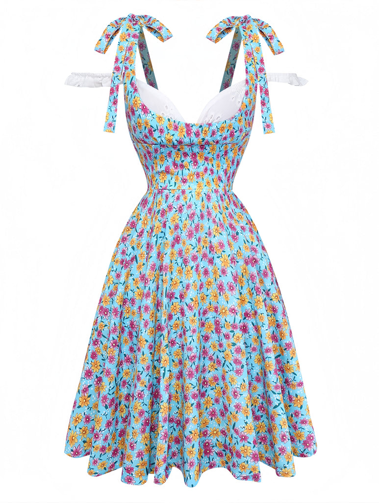 Blau 1960er Gänseblümchen V-Ausschnitt Schlitz Kleid