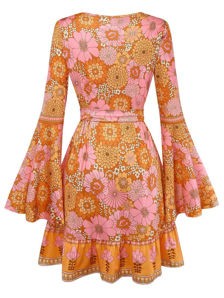 Orange 1960er Hippe Glockenärmel Blumen Kleid