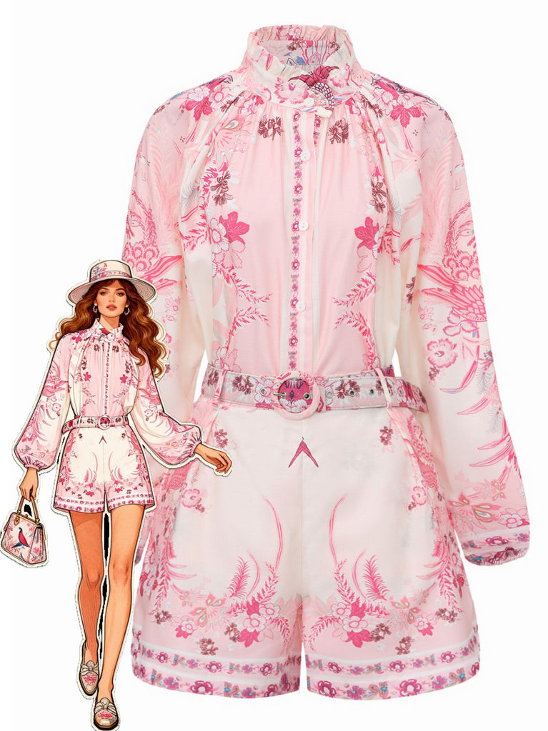 2PCS Rosa 1970er Bohemian Blumen Bluse & Hochgeschnitten Shorts