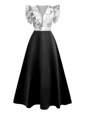 1930er Blumen Rüschenärmel V-Ausschnitt Patchwork Kleid