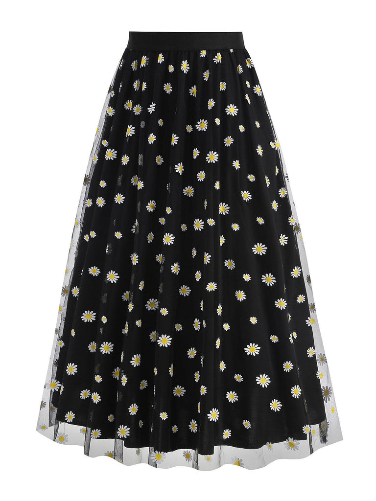 1940er Gänseblümchen Netz Hohe Taille A-Linie Rock