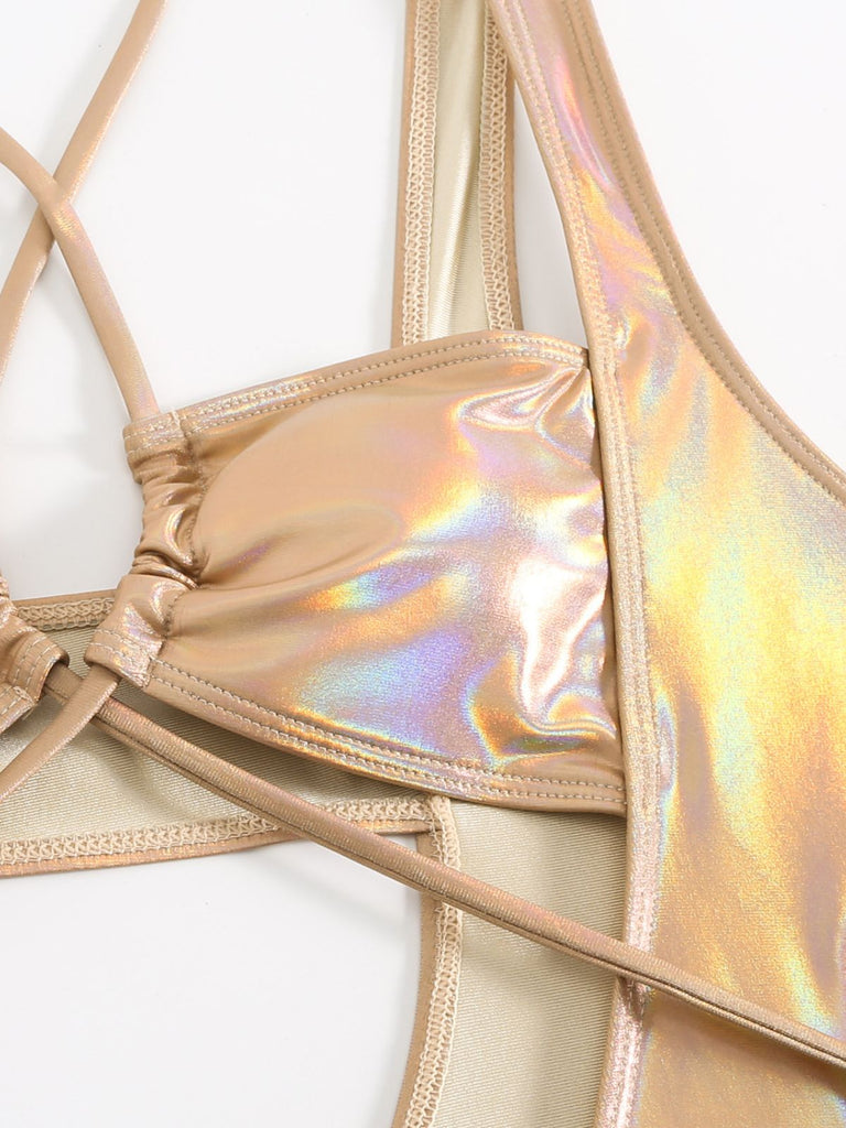 1970er Halter Hohl Metallisch Badeanzug