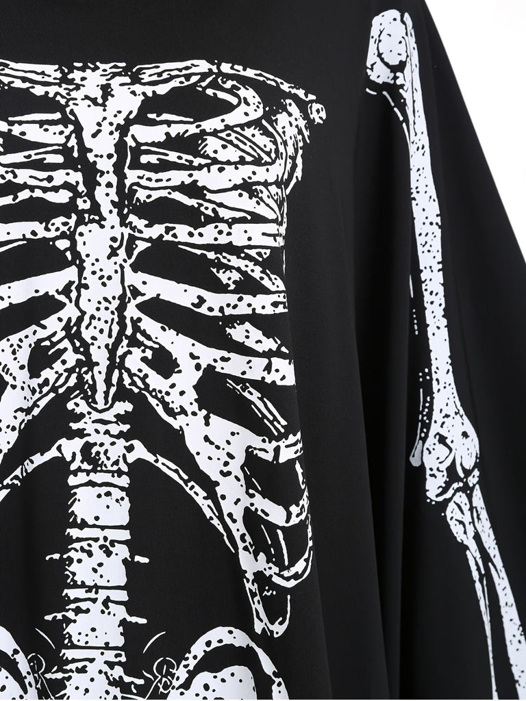 Schwarz 1970er Skeleton Knochen Drucken Cape Mit Kapuze