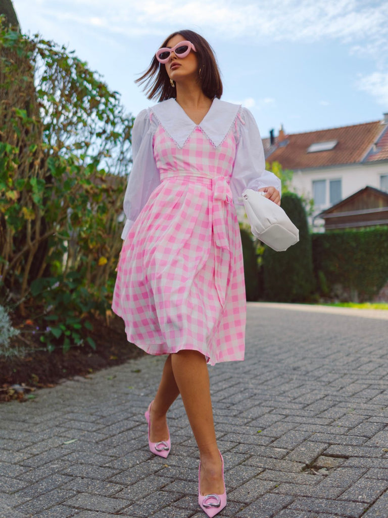 Rosafarbenes 1950er Spaghettiträger-Karo-Swingkleid