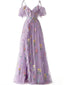 Lila 1970er Slip Blumen Besticktes Netz Schlitz Kleid