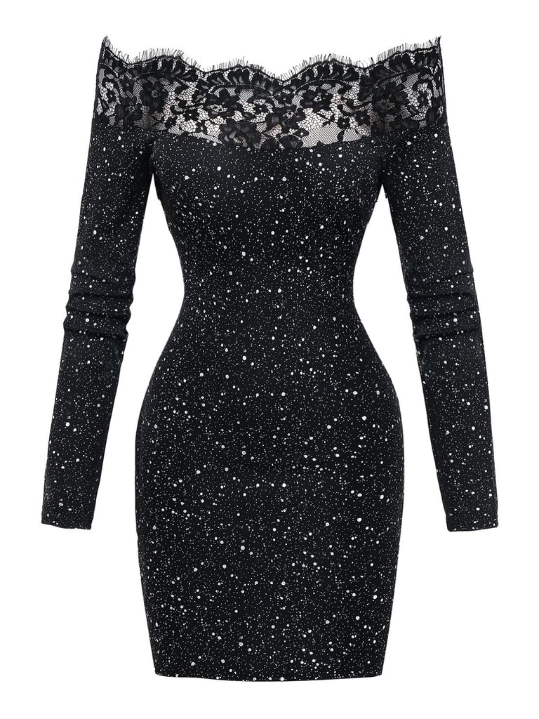 Schwarz 1980er Spitze Schulterfrei Silber Spritzer Enges Kleid
