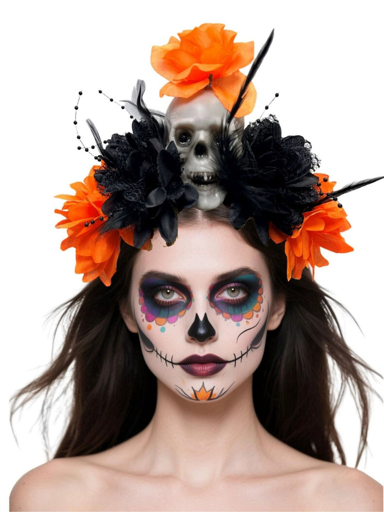 Dunkler Horror Schädel Feder 3D-Blumen Stirnband