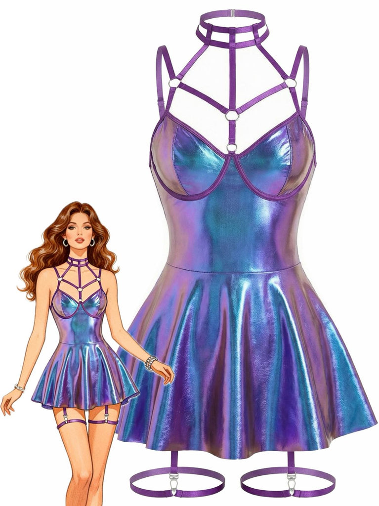 Blau 1970er Lackleder Halter Laser Slip Nachthemd