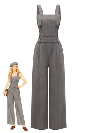 Grau 1940er Cord Weit-Bein Latzhose Jumpsuit