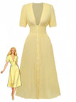 Gelb 1940er Puffärmel Durchgeknöpft Midi Kleid