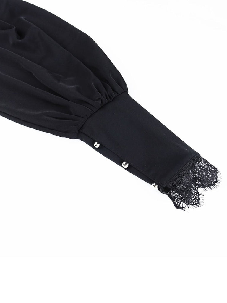 Schwarz 1980er Gothic Spitze Stehkragen Top