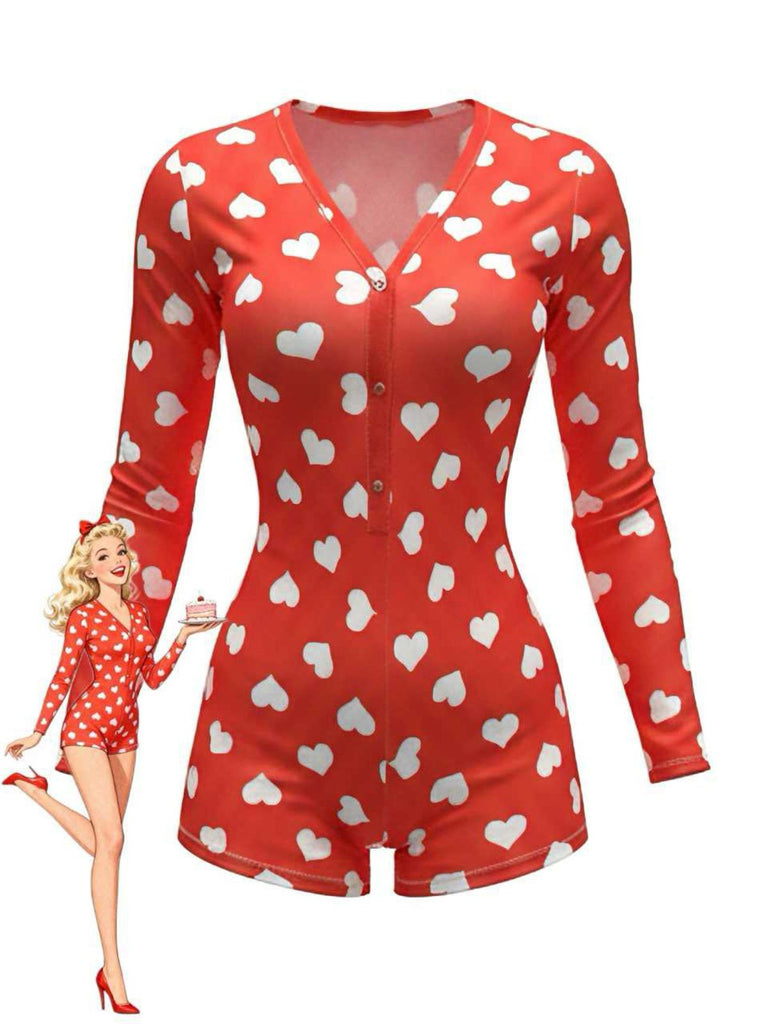 1980er V-Ausschnitt Herz Slip Drucken Romper Pajama