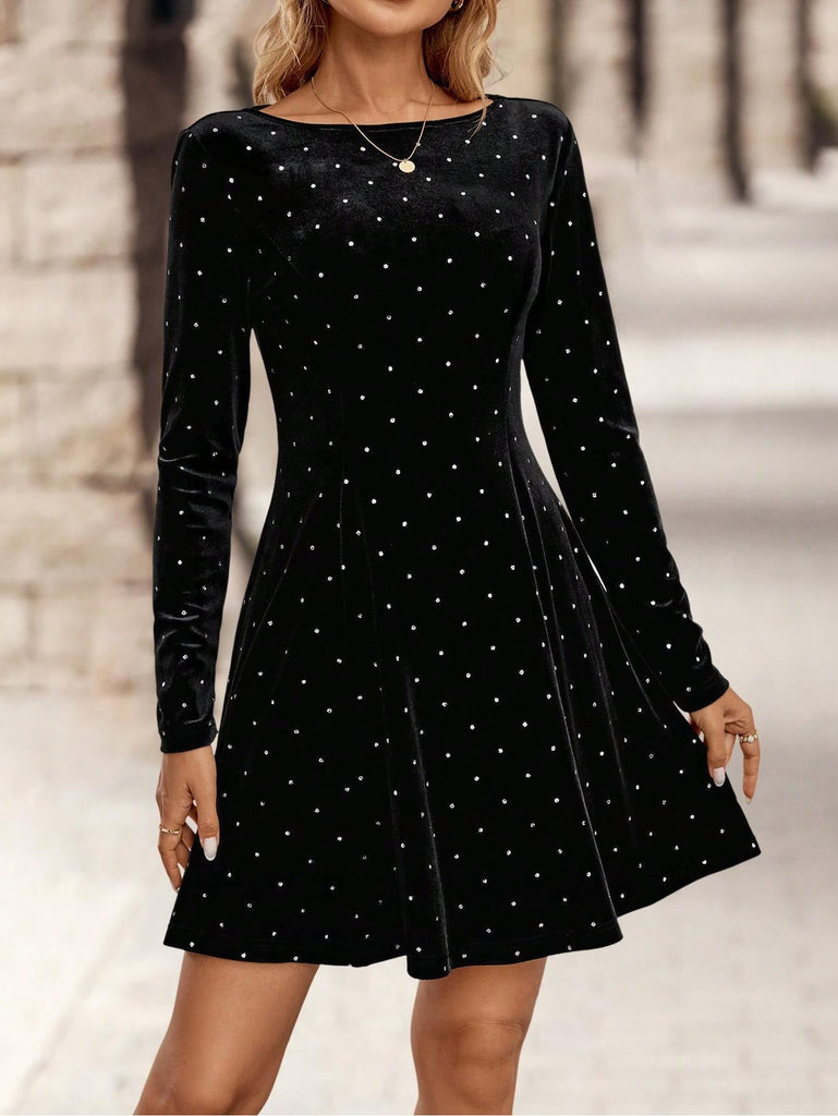 1980er Samt Strassstein Tailliert Party Kleid