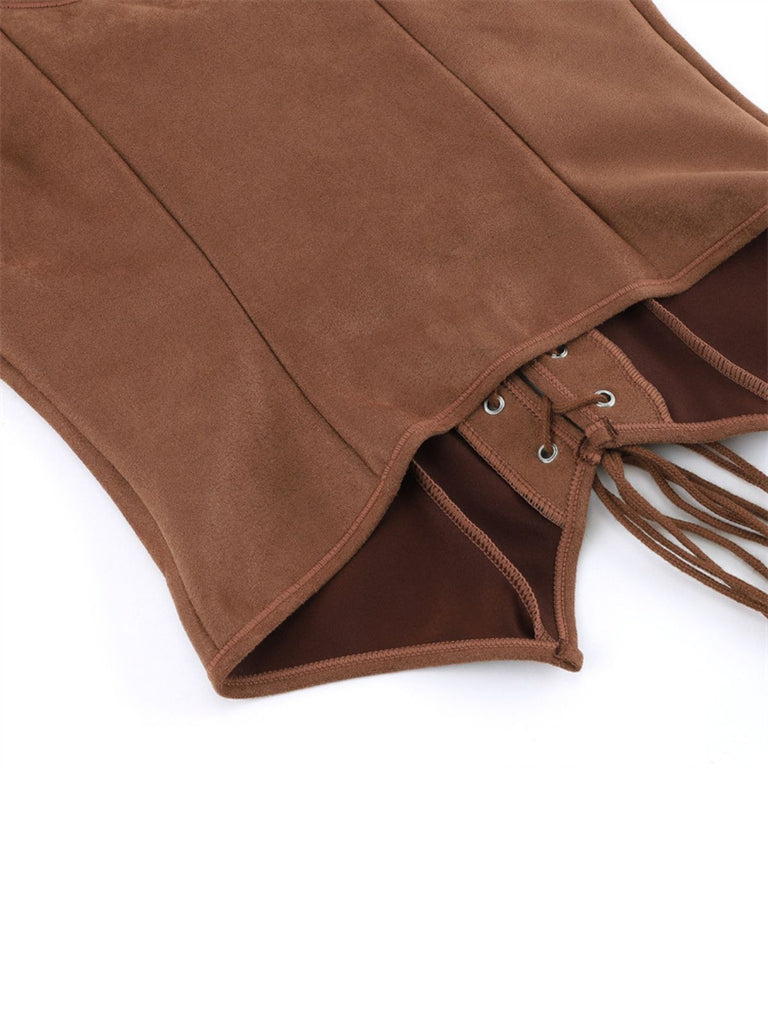 Braun 1950er Suede Schnürung Korsett Weste