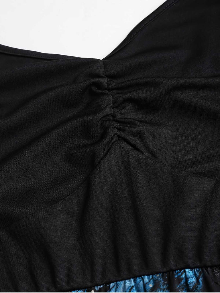 [Übergröße] Dunkelblau 1950er Feder Jacquard Asymmetrisch Kleid