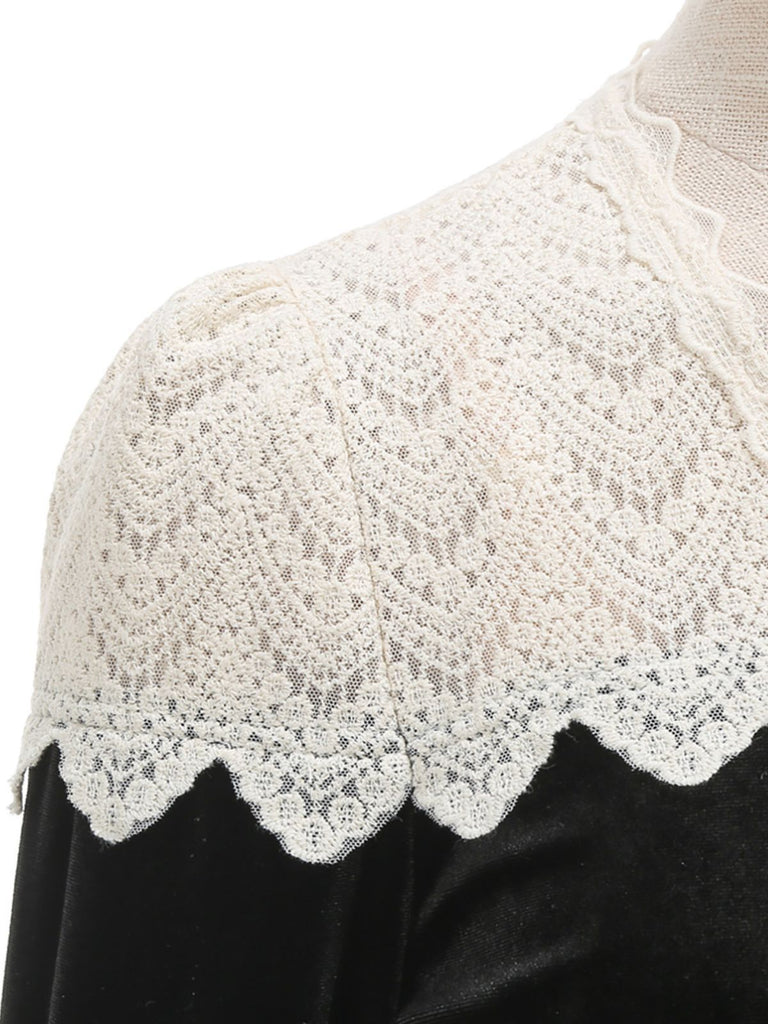 Schwarz 1950er Samt Stricken Kragen Perle Taste Kleid