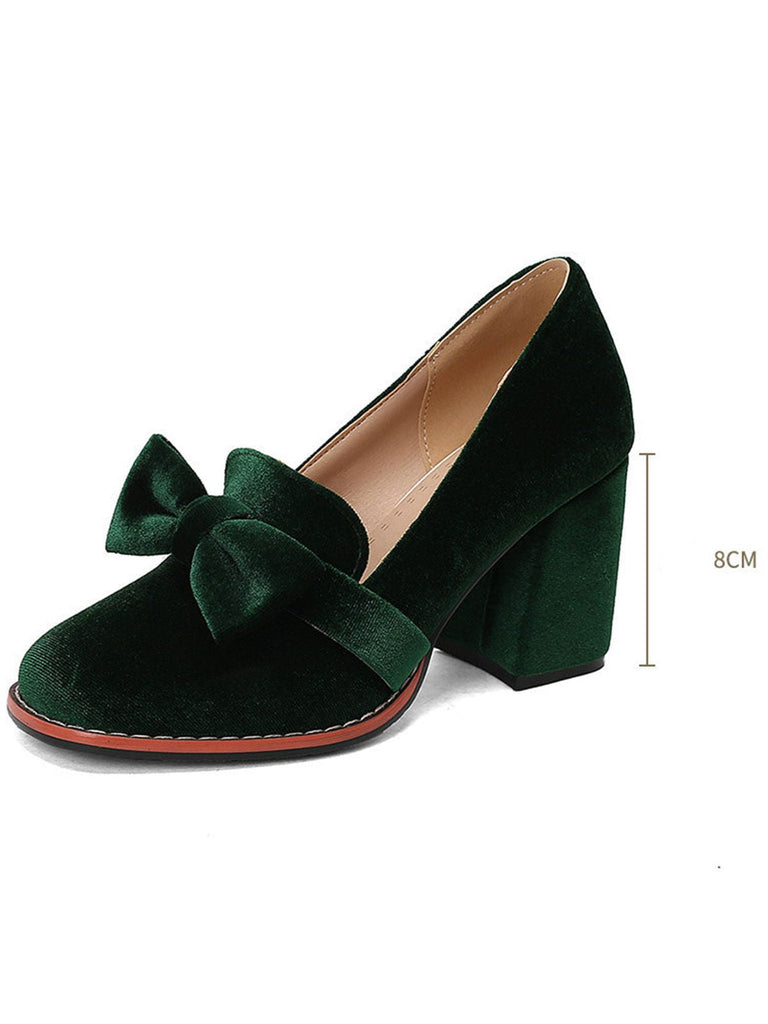 Solide Samt Bogen Detail Block Absatz Schuhe