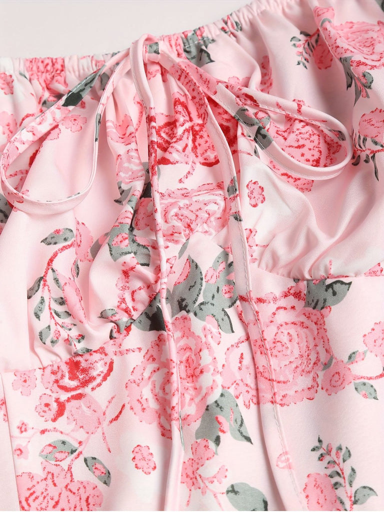 [Übergröße] Rosa 1950er Quadratischer Hals Blumen Kleid