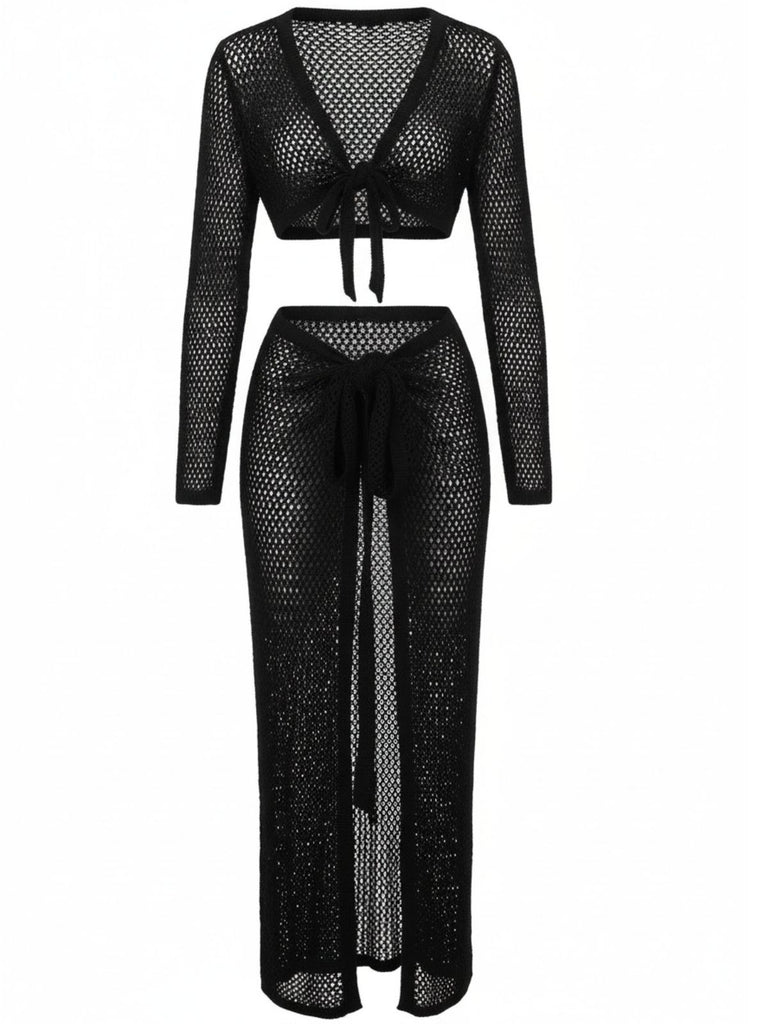 2PCS 1960er Häkel Langarm Strand Cover-Up Set