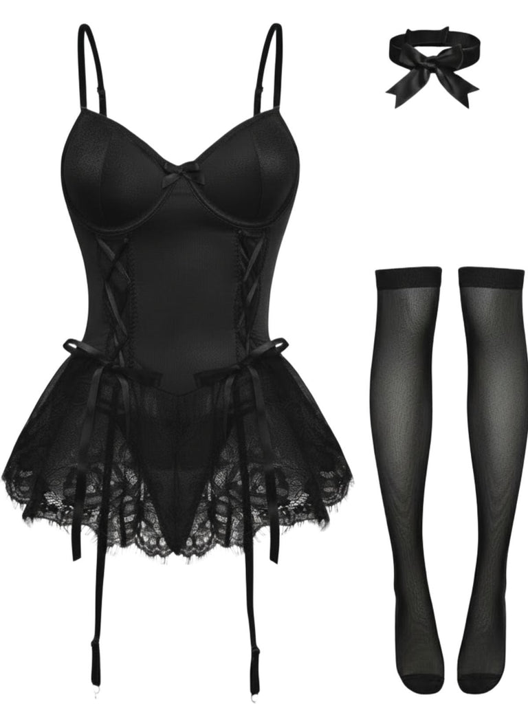 1960er Spitze Besetzt Korsett Bodysuit Set