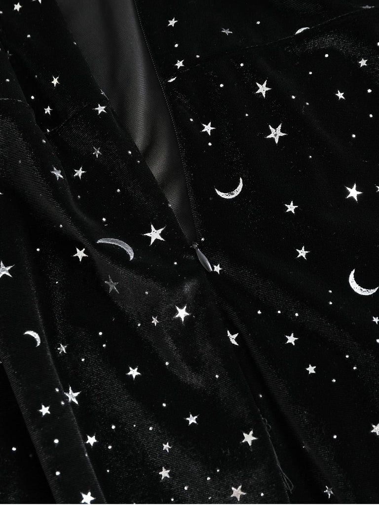 [Übergröße] Schwarz 1960er Stern V-Ausschnitt Samt Kleid