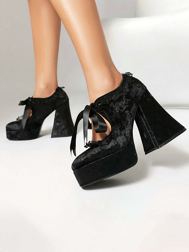 Punk Samt Spitze Bogen Klobige Absätze