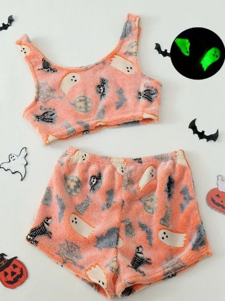 2PCS Orange 1960er Halloween Geist Vlies Pyjama Set