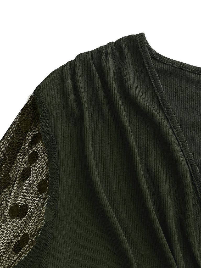 Olivgrün 1950er V-Ausschnitt Polka Dot Transparentärmel Jumpsuit