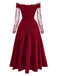 Bordeauxrot 1930er Schulterfrei Spitze Langarm Kleid