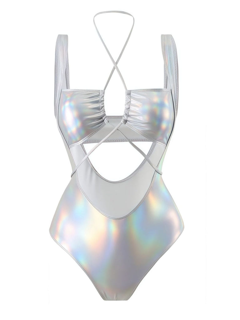 1970er Halter Hohl Metallisch Badeanzug