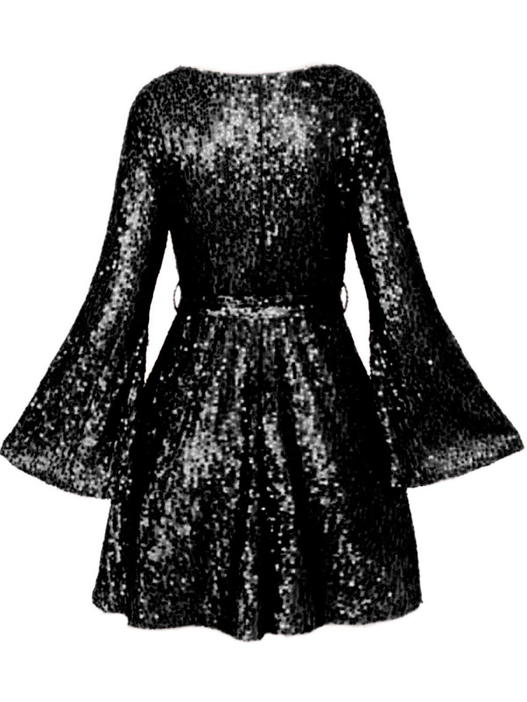 1970er V-Ausschnitt Schlagärmel Pailletten Disco Kleid