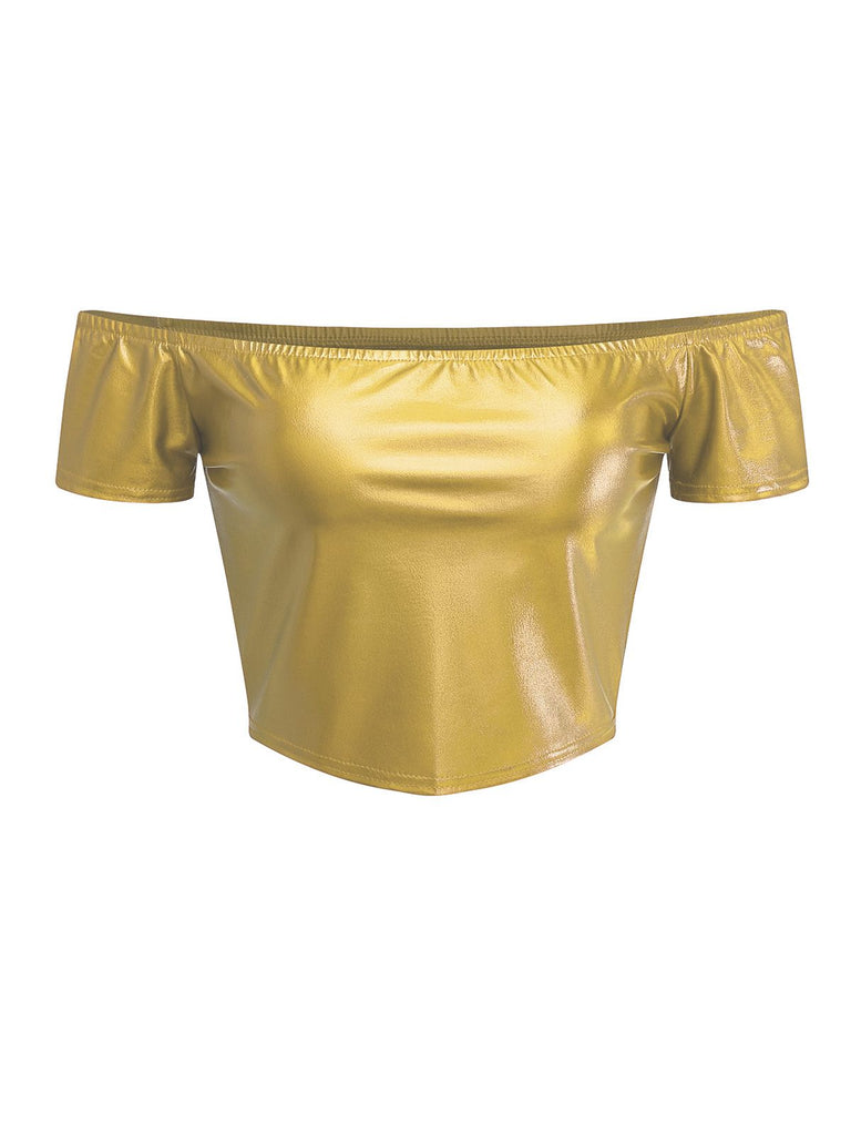 1970er Disco Metallisch Schulterfrei Kurzarm Top