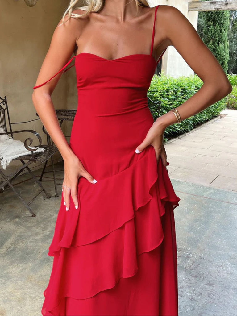 Rot 1930er Solide Urlaub Rüschen Rückenfrei Camisole Kleid