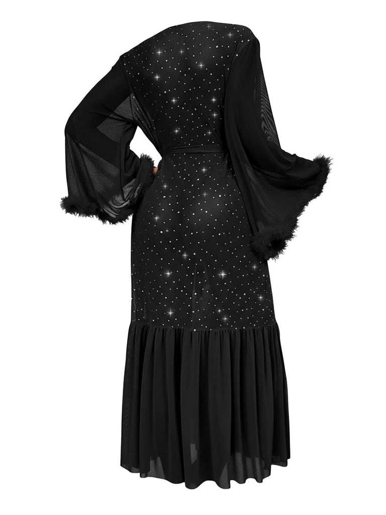 Schwarz 1970er Sheer Funkeln Netz Gürtel Bademantel